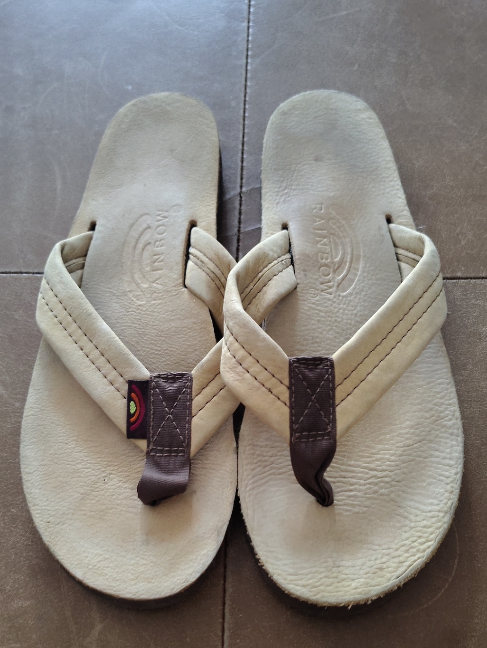 Rainbow Beige Leather Flip Flops with Brown Thong Accents